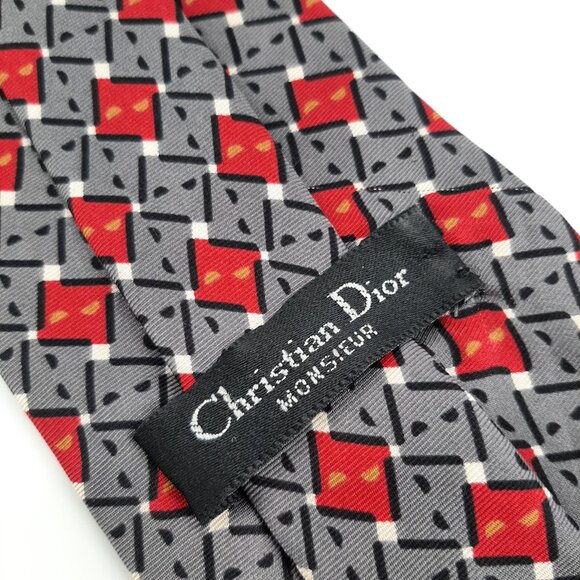 Christian Dior Mens Silk Neck Tie Red Gray Geometric Vintage Luxe 80s Modern - Picture 1 of 5